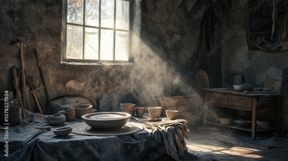 Poster sunlight streams into a rustic pottery studio, illuminating clay creations in progress, ai