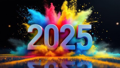 Vibrant and colorful "2025" typography with explosive paint splash background, modern new year celebration design, Ai Generation