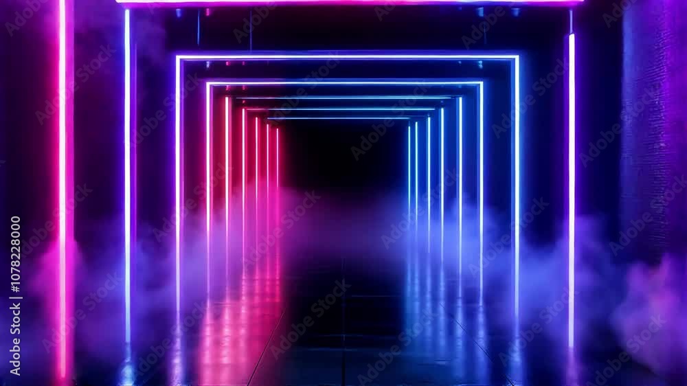 Poster vibrant neon corridor with colorful lighting and fog effects, creating a captivating atmosphere for 
