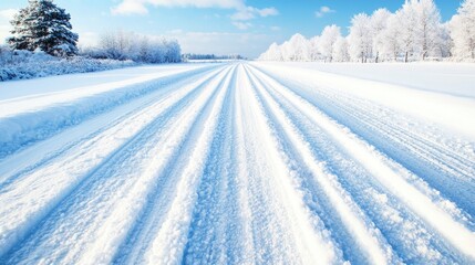 Fototapeta premium Serene Winter Landscape with Snow-Covered Road and Frosty Trees Under Clear Blue Sky, Capturing the Beauty of a Freshly Fallen Snow Scene