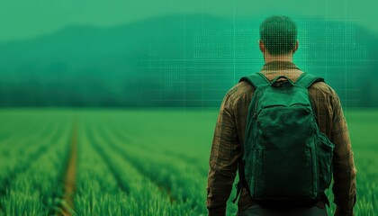 A person stands in a green field looking toward distant mountains, showcasing the beauty of nature and the importance of environmental conservation.