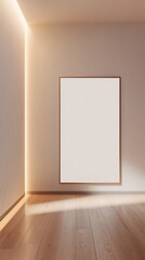 Vertical Blank Photo Frame on White Wall Minimalist Design, White Canvas Frame Mockup on Wall