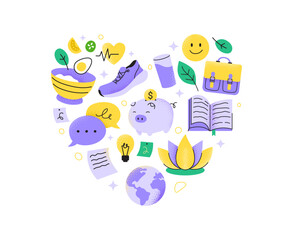 A colorful heart-shaped collage of wellness and lifestyle icons. Various symbols of happiness and mindfulness. Vector flat illustration isolated on a white background.