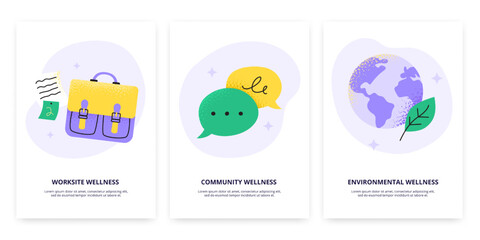 Posters with different wellness themes. Workplace, social life, and environmental wellness. Vector flat illustrations.