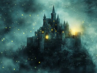A majestic stone castle with glowing windows and towers rises from a misty hilltop, surrounded by a twinkling sky.