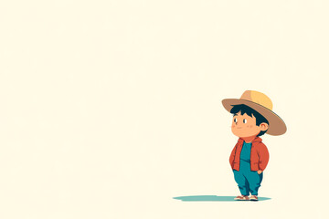A cartoon boy wearing a straw hat stands in front of a white background