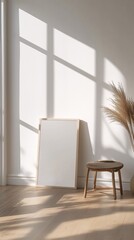 Blank Canvas Frame on Wooden Floor Minimalist Design, White Frame Mockup Sitting on Wooden Floor with Plant Decoration