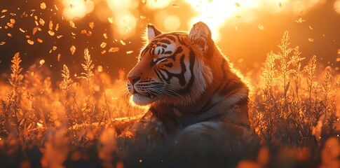 A majestic tiger lies in tall grass with its eyes closed as golden sunlight shines down on it and the surrounding environment.