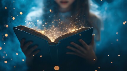 Girl reading a shining magic book with fantasy background in blue theme. Concept of Creativity, Learning new things or Beyond vision