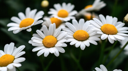 Obraz premium Close-up of white daisies with yellow centers in a garden setting against a dark green blurred background, showcasing natural beauty and floral details.