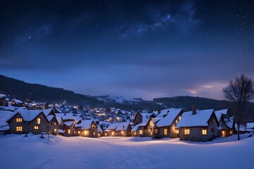 A snow covered village at dusk with glowing windows and a starry sky, AI Generated