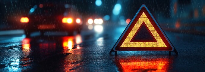 
A realistic photograph of an emergency triangle sign on the road at night