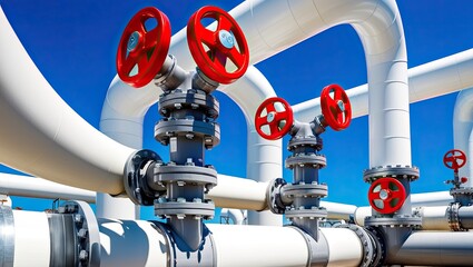 Industrial pipelines with red valve handles against a blue sky