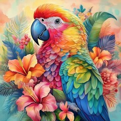 Fototapeta premium コンゴウインコと熱帯の花々のイラスト（Illustration of macaw and tropical flowers.） 