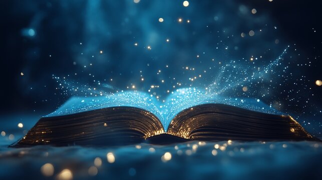 Open magic book with warm glowing lights on dark blue background. Concept of Fantasy, Mystery, Wisdom, Magical
