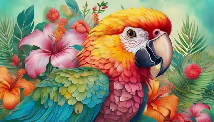 コンゴウインコと熱帯の花々のイラスト（Illustration of macaw and tropical flowers.）
