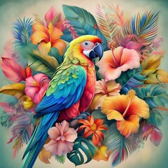 Fototapeta premium コンゴウインコと熱帯の花々のイラスト（Illustration of macaw and tropical flowers.） 
