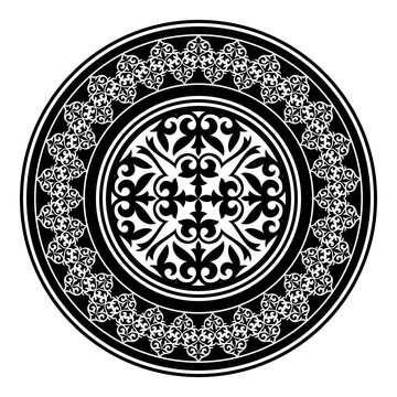 recommend clip art: Vector black and white round Kazakh national ornament. Ethnic pattern of the peoples of the Great Steppe, Kazakh, Mongols, Kyrgyz, Kalmyks, Buryats. circle, frame border. For sandblaster, ceramic