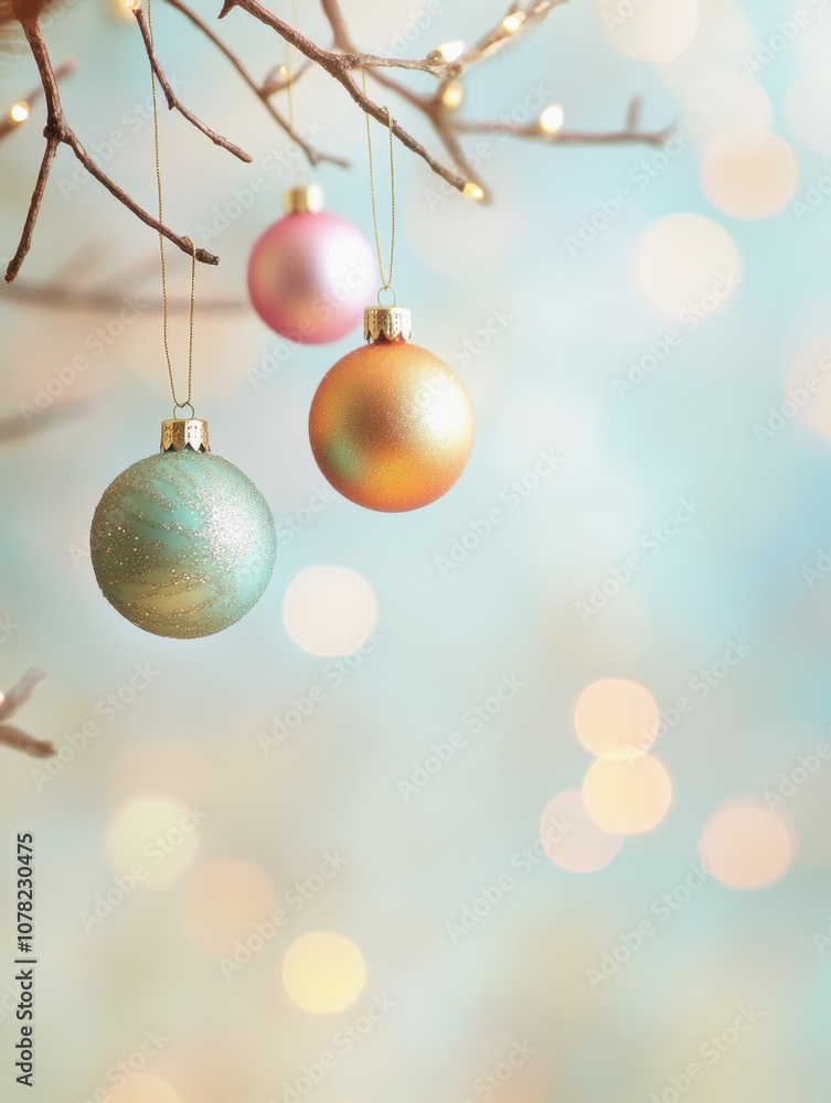 Aufkleber Three vibrant Christmas ornaments dangle from a branch, creating a cheerful holiday atmosphere enhanced by soft bokeh lights. Generative AI