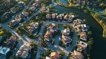 Aerial view of a suburban neighborhood with luxurious homes and winding streets near water.