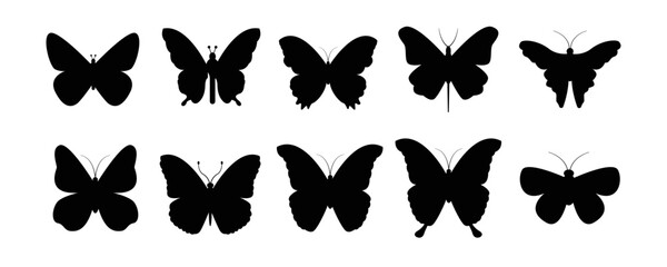 Flying butterflies silhouette black set isolated on white background. vector illustration