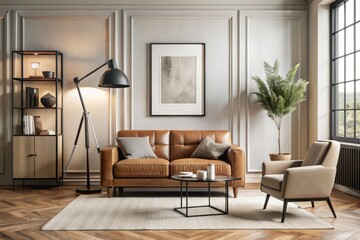 Fototapeta premium Elegant Living Room Interior Featuring Beige Sofa, Black Console, Brown Creative Armchair, Industrial Lamp, Mock Up Poster Frame, and Stylish Home Decorations in a Modern Setting