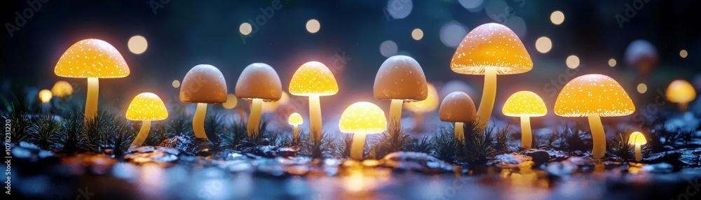 Poster enchanted glow of bioluminescent mushrooms illuminating a mystical forest floor with dreamy soft foc
