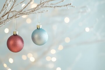 Two vibrant Christmas ornaments dangle from frost-covered branches, surrounded by softly glowing lights in a festive atmosphere. Generative AI