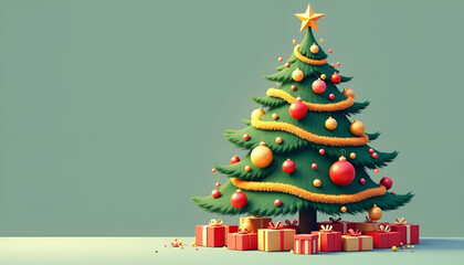 Fototapeta premium Decorated Christmas tree with ornaments and gifts on a soft green background