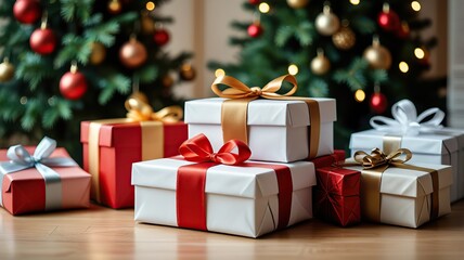 Beautiful Christmas gift boxes on floor near fir tree in room