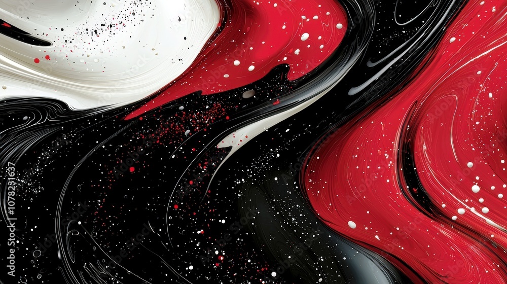 Poster abstract swirling patterns with bold red, black, and white colors, creating an artistic and energeti