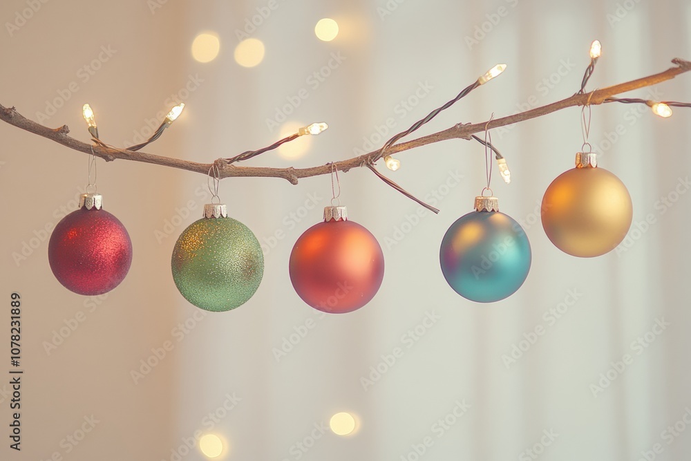 Poster brightly colored christmas ornaments dangle from a branch, illuminated by soft warm lights, adding h