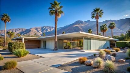 Elegant Minimalist Design of a Mid Century Modern House in Palm Springs Showcasing Sleek Lines and Open Spaces with a Serene Desert Background and Clear Blue Skies