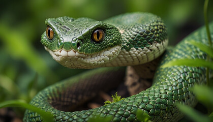 Fototapeta premium Close up a green snake with blurry nature background. Generative AI