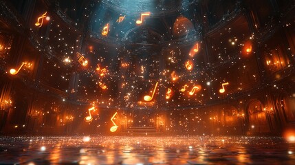 Obraz premium Vibrant musical notes floating over a sparkling hall 