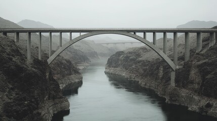 Fototapeta premium A concrete arch bridge spans a river winding through a canyon, shrouded in mist.