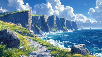 Scenic coastal landscape with cliffs, ocean, and vibrant clouds.