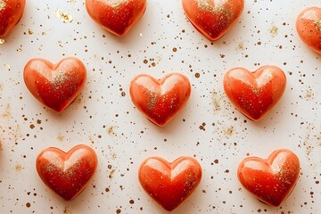 Obraz premium Light red heart shapes surrounded by gold sparkles on a cream-colored backdrop.