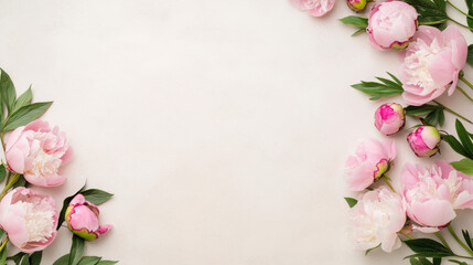 Pink Peonies Border on White Background