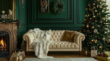 Luxurious Christmas living room with tufted sofa, fireplace, and tree.