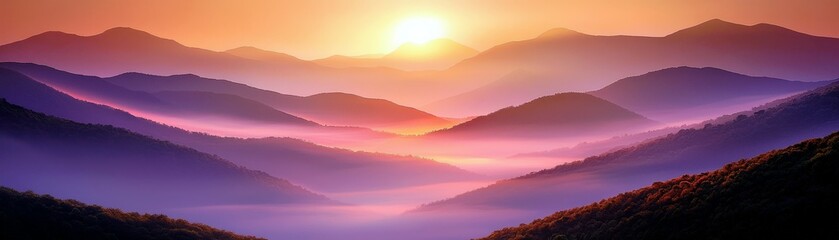 Obraz premium Breathtaking Sunrise Over Misty Mountains with Vibrant Purple and Orange Sky, Capturing the Essence of Tranquil Natural Beauty at Dawn in Scenic Landscape