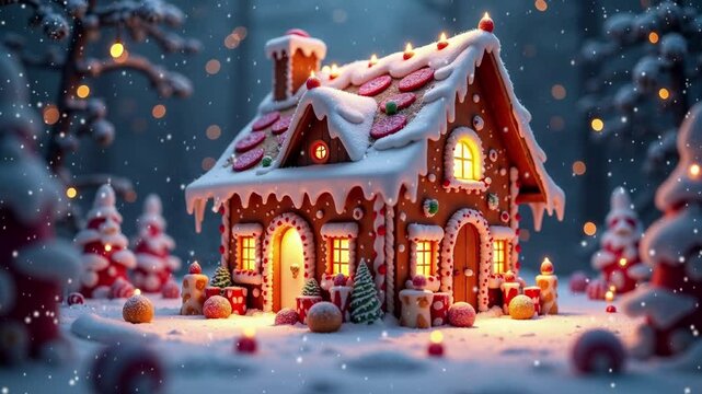 Gingerbread fairytale house glowing beautifully in the winter forest background with falling snow