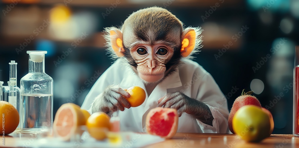 Aufkleber a monkey in a lab coat examines fruit while sitting at a table.