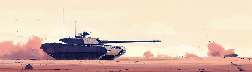 Military tank advancing in a barren landscape during sunset, showcasing the power and resilience of armored vehicles in a dramatic environment with soft colors