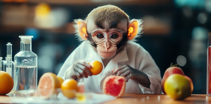 A monkey in a lab coat examines fruit while sitting at a table.