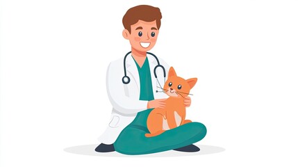 A smiling veterinarian holding a ginger cat