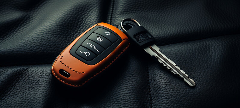 The sleek key fob, featuring vibrant orange accents, sits atop a rich black leather background. Its modern shapes evoke a sense of luxury and style for automotive enthusiasts. Generative AI