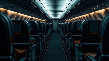 Fototapeta premium Interior of a commercial airplane featuring empty rows of seats and overhead compartments illuminated by sleek ambient lighting.