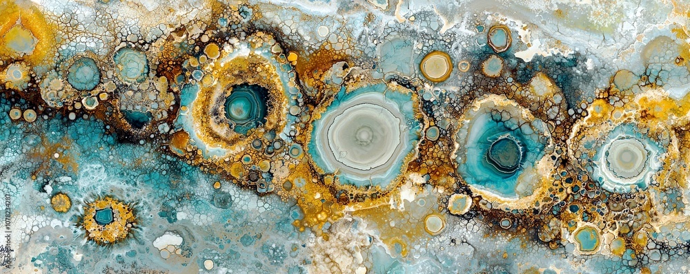 Poster Abstract Circular Patterns with Teal, Gold and Brown Hues on a Textured Surface, Ideal for Artistic and Design Projects