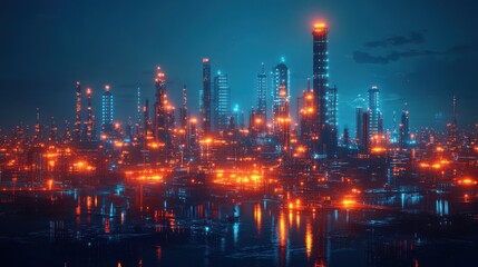 Futuristic cityscape illuminated by vibrant lights at night.